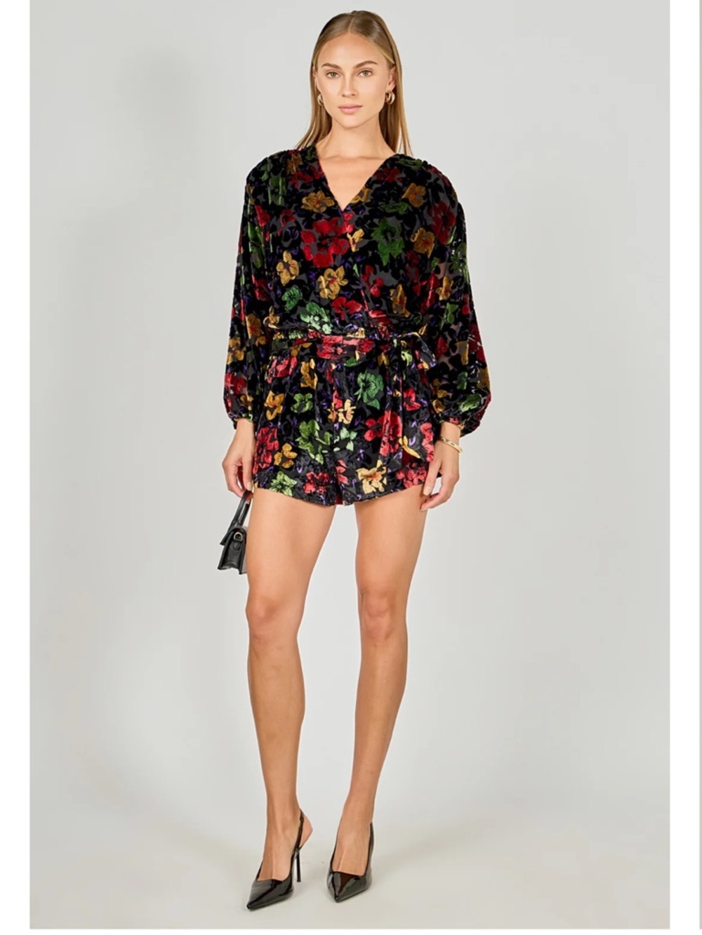 Endless Rose velvet burnout floral long peasant sleeve romper jewel tones